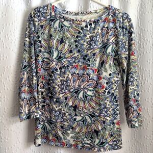 Talbots Women's Small Pima‎ Cotton Paisley Print 3/4 Sleeve Flowy Boatneck Top